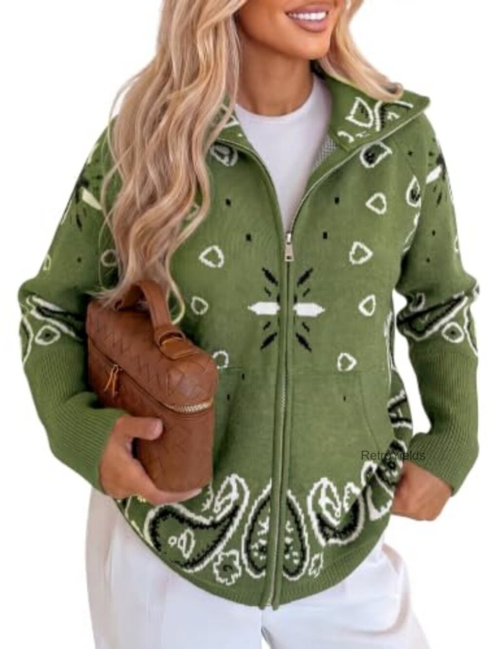 Women's Zip Up Cardigan Sweater with Stand Collar and Pockets, Knit